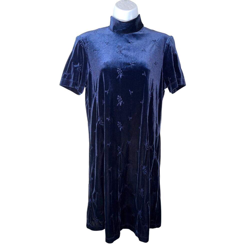 Vintage 90s CDC Caren Desiree Company Blue Velvet Mock Neck Short Sleeve Dress